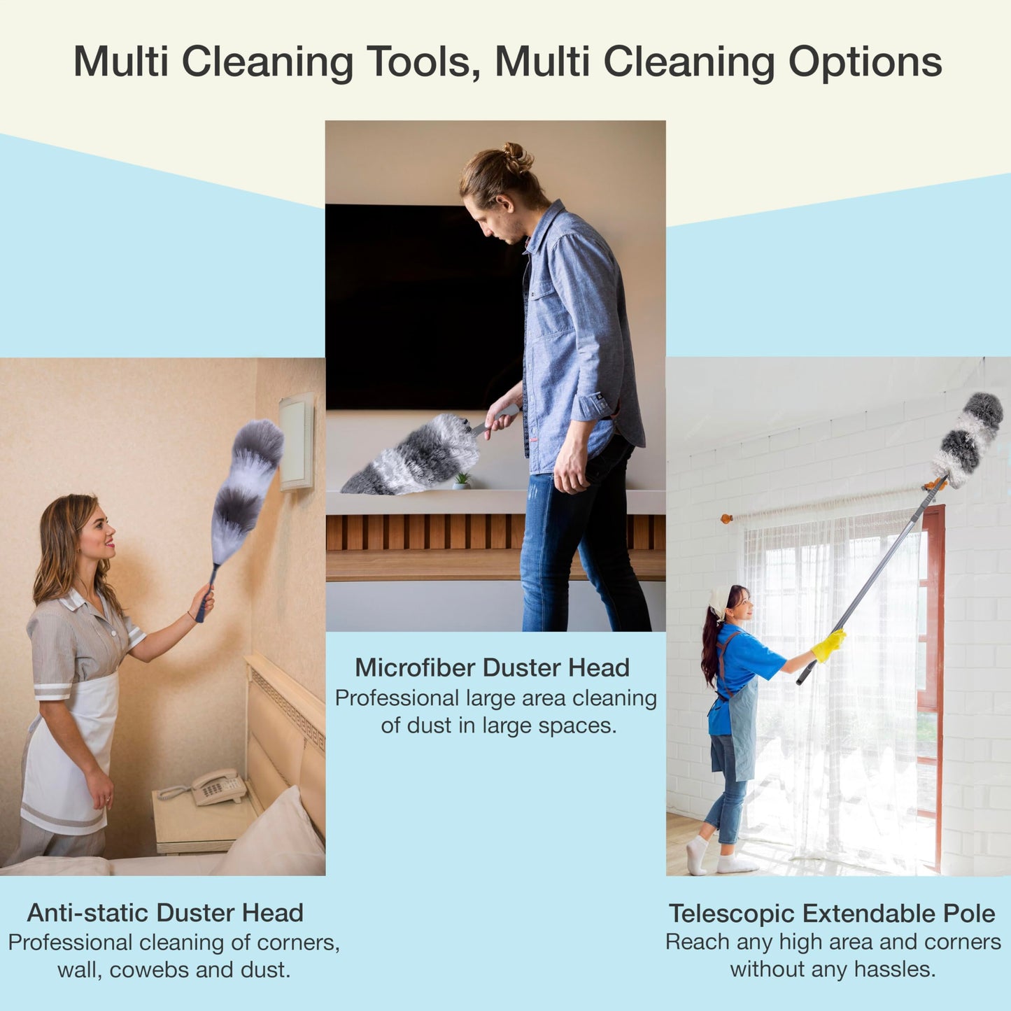 Knight Telescopic Extendable Feather Duster with 1.6m Stainless Steel Handle | 2 Washable Replacement Heads -Microfiber & Anti-Static | Perfect for High Reach Cleaning, Ceiling Fans, Blinds, Cobwebs.