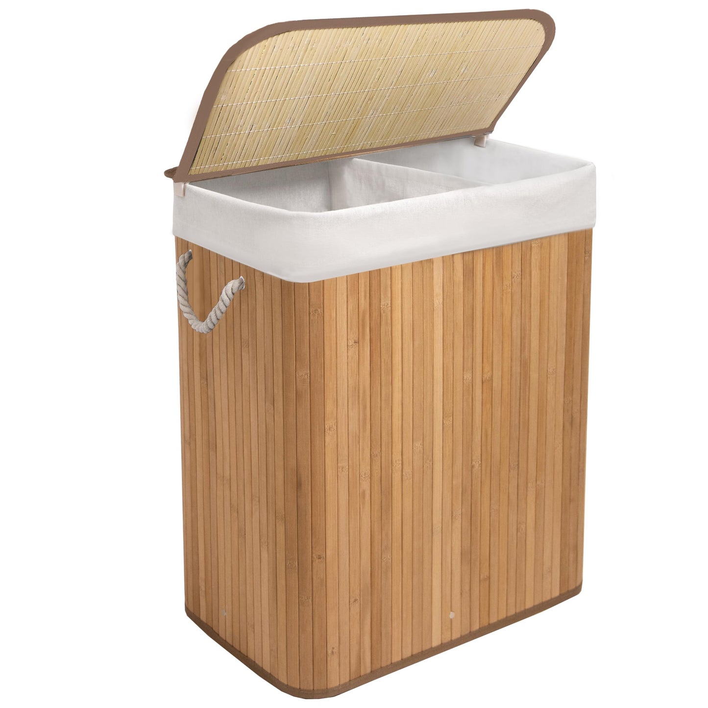 KNIGHT Bamboo Laundry Hamper 105L - Dual Compartment Basket, Removable & Washable Liner, Foldable, for Bedroom & Bathroom, 52x32x63cm