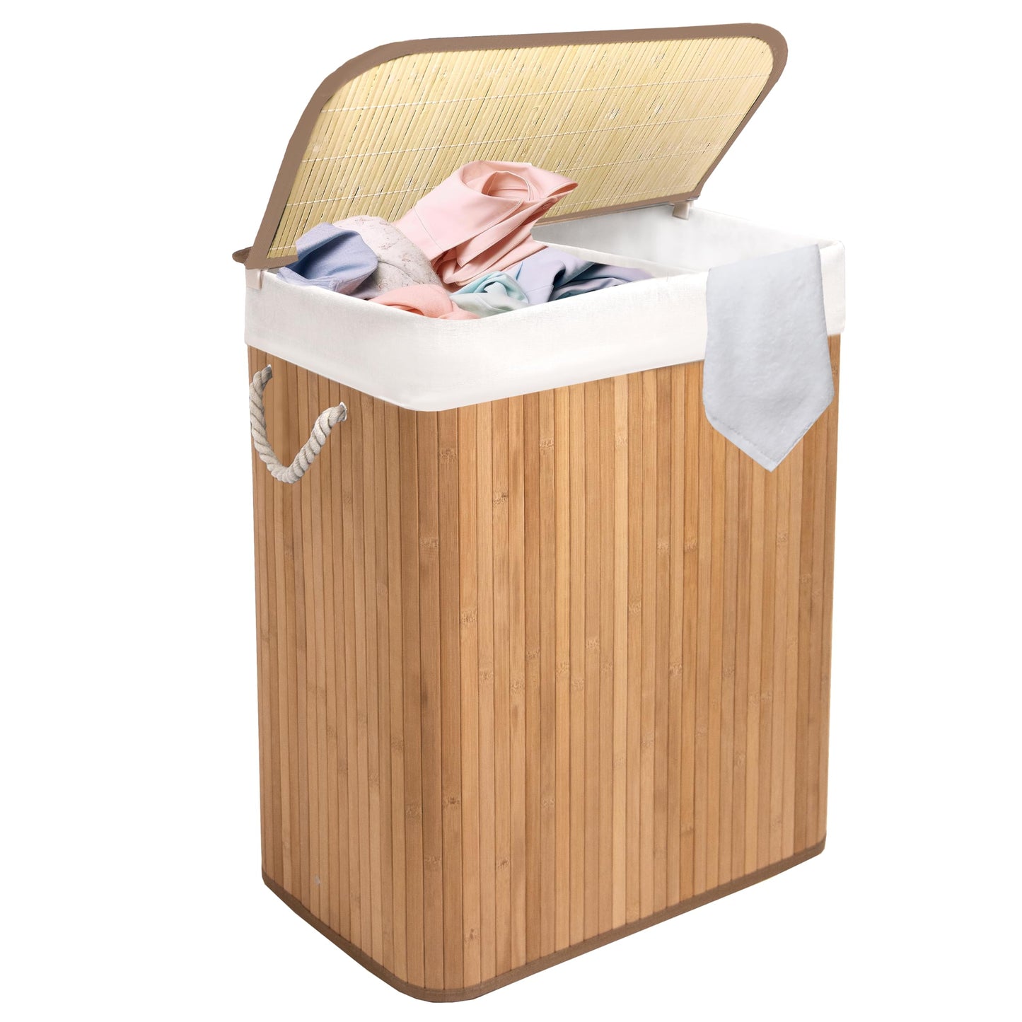 KNIGHT Bamboo Laundry Hamper 105L - Dual Compartment Basket, Removable & Washable Liner, Foldable, for Bedroom & Bathroom, 52x32x63cm