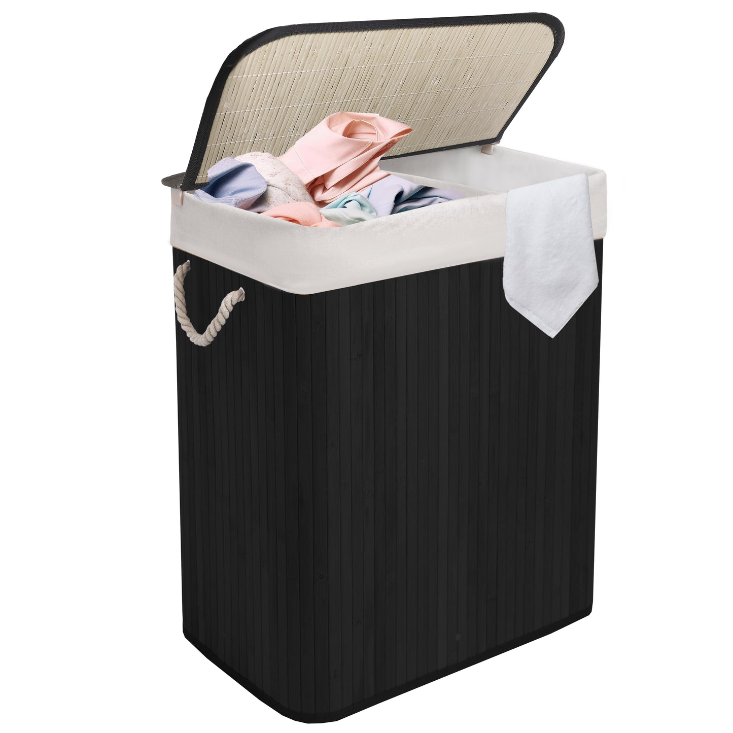 KNIGHT Bamboo Laundry Hamper 105L - Dual Compartment Basket, Removable & Washable Liner, Foldable, for Bedroom & Bathroom, 52x32x63cm