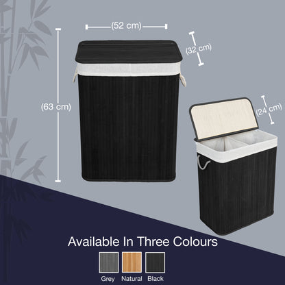 KNIGHT Bamboo Laundry Hamper 105L - Dual Compartment Basket, Removable & Washable Liner, Foldable, for Bedroom & Bathroom, 52x32x63cm