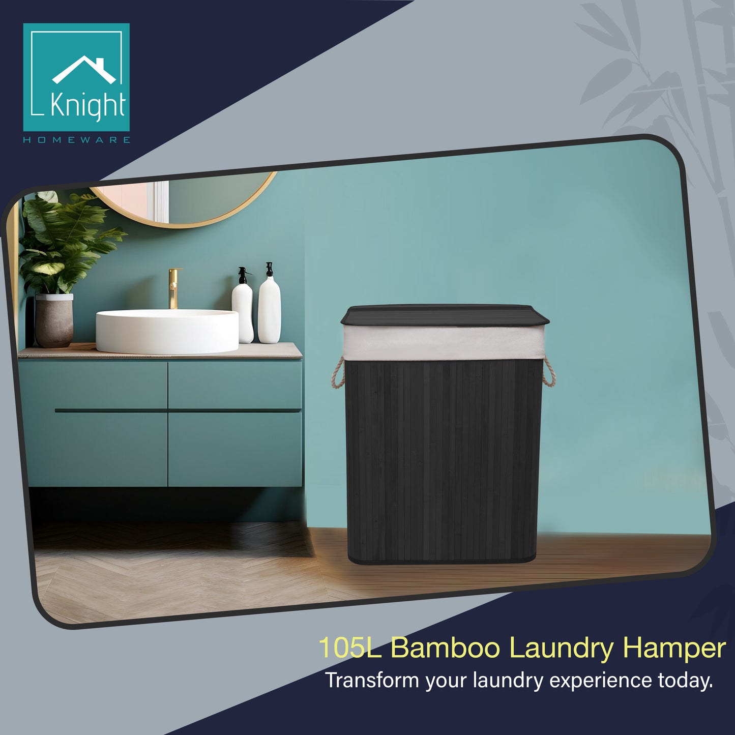KNIGHT Bamboo Laundry Hamper 105L - Dual Compartment Basket, Removable & Washable Liner, Foldable, for Bedroom & Bathroom, 52x32x63cm