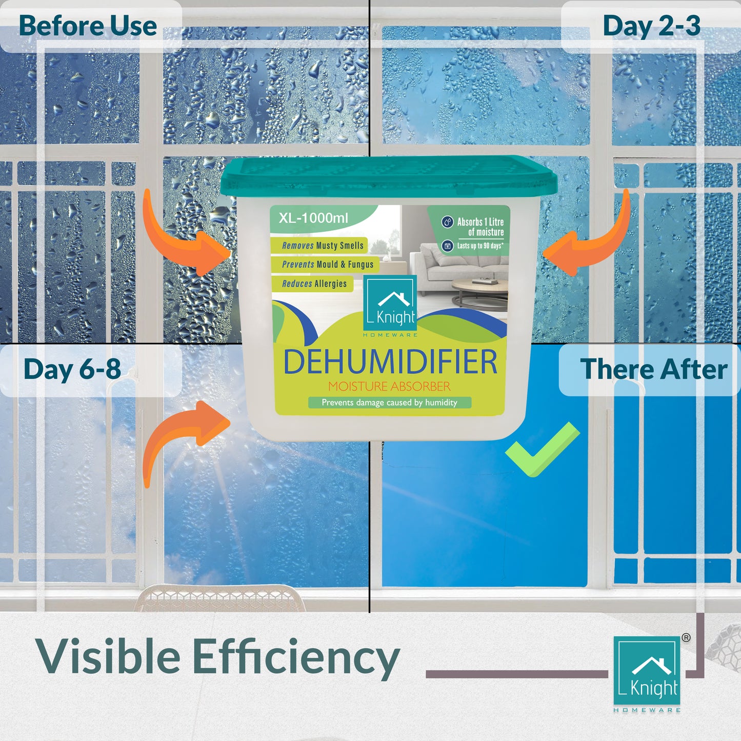 KNIGHT 1000ml 5 Pack Dehumidifier - 1L Moisture Absorber, Long Lasting 90 Days Dehumidifier, Prevents Mould and Condensation caused by Humidity in Home, Kitchen, Caravan & Garage - Patent Design