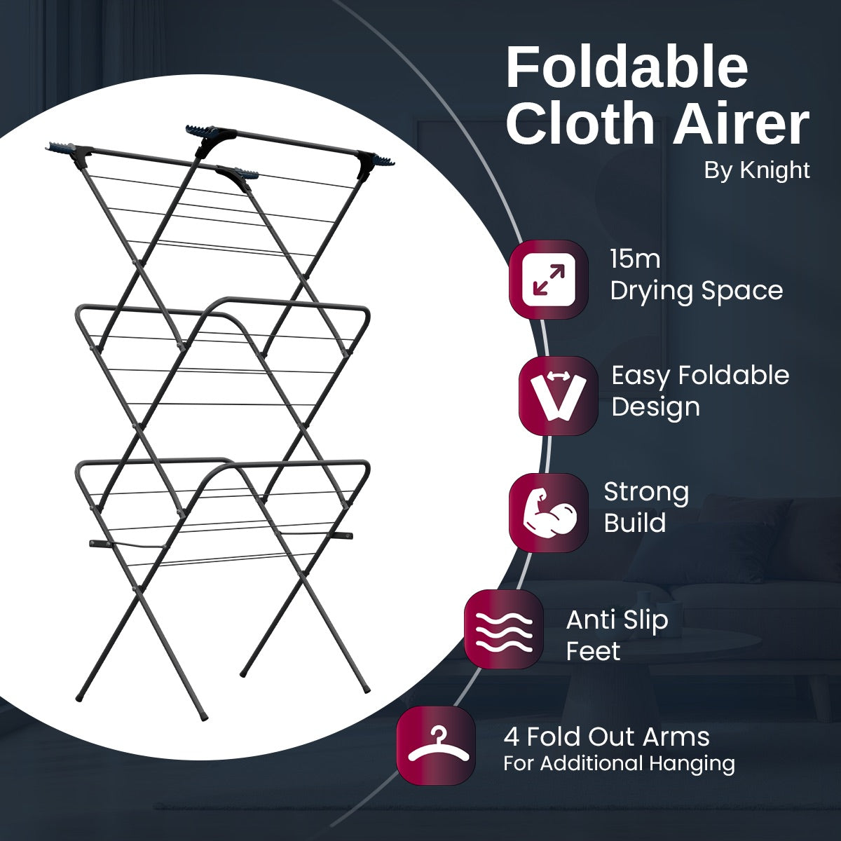 Knight 3 Tier Clothes Airer, Foldable Clothes Drying Rack 15m Indoor & Outdoor Clothes Airer, Drying Rack Laundry with Fold-Out Arms for Extra Hanging Space, Alloy Steel Clothes Dryer Stand (Grey)