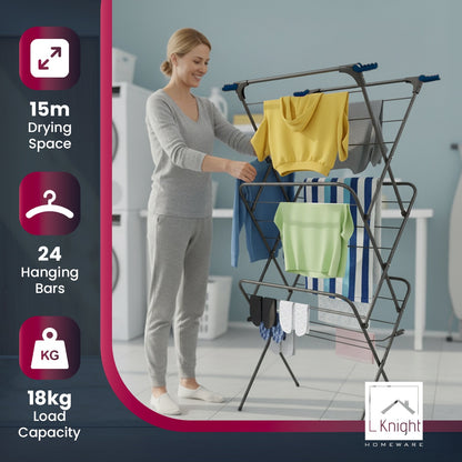 Knight 3 Tier Clothes Airer, Foldable Clothes Drying Rack 15m Indoor & Outdoor Clothes Airer, Drying Rack Laundry with Fold-Out Arms for Extra Hanging Space, Alloy Steel Clothes Dryer Stand (Grey)