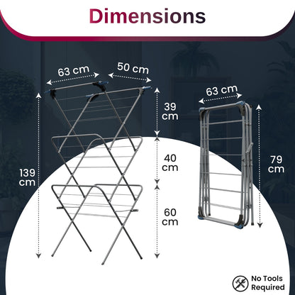 Knight 3 Tier Clothes Airer, Foldable Clothes Drying Rack 15m Indoor & Outdoor Clothes Airer, Drying Rack Laundry with Fold-Out Arms for Extra Hanging Space, Alloy Steel Clothes Dryer Stand (Grey)