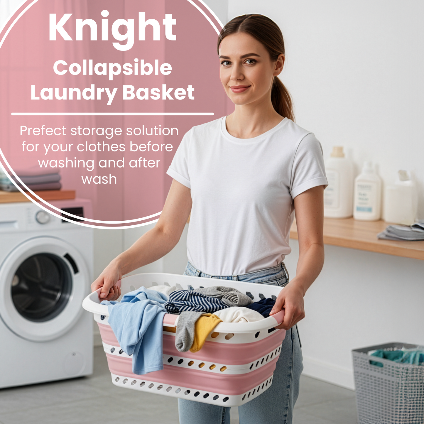 Knight Collapsible Laundry Basket 42L–Foldable Washing Basket with Handles, Large Space-Saving Basket for Clothes – Multipurpose Laundry Hamper & Collapsible Washing Baskets for Laundry (Pink)