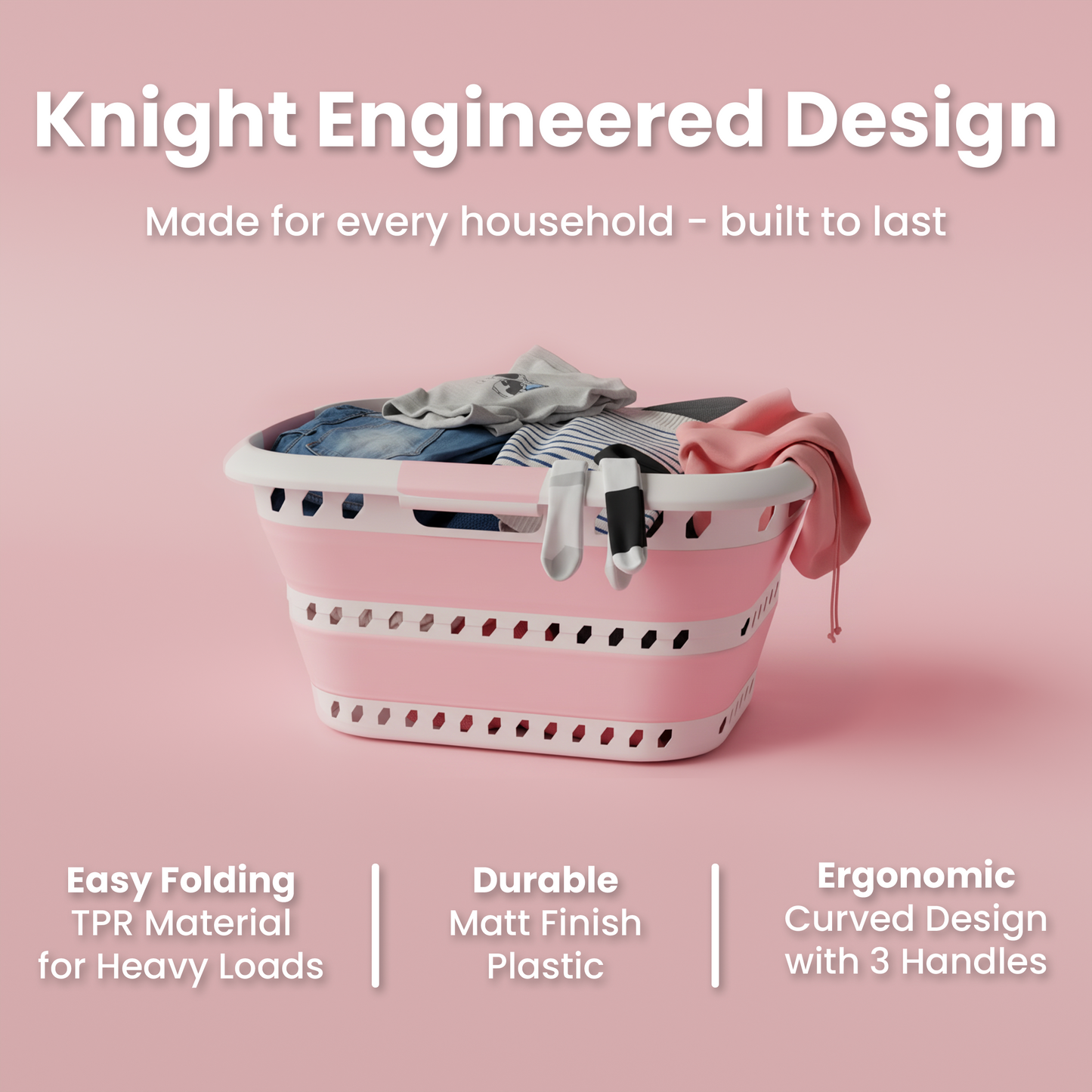 Knight Collapsible Laundry Basket 42L–Foldable Washing Basket with Handles, Large Space-Saving Basket for Clothes – Multipurpose Laundry Hamper & Collapsible Washing Baskets for Laundry (Pink)
