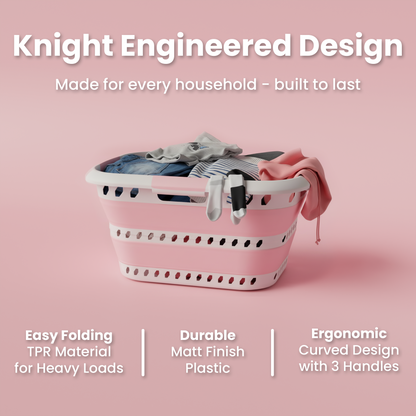 Knight Collapsible Laundry Basket 42L–Foldable Washing Basket with Handles, Large Space-Saving Basket for Clothes – Multipurpose Laundry Hamper & Collapsible Washing Baskets for Laundry (Pink)