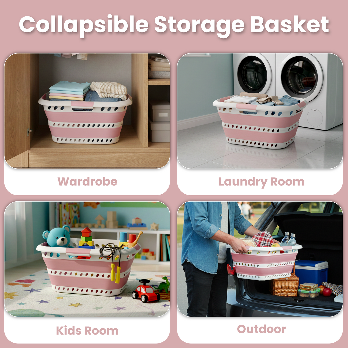 Knight Collapsible Laundry Basket 42L–Foldable Washing Basket with Handles, Large Space-Saving Basket for Clothes – Multipurpose Laundry Hamper & Collapsible Washing Baskets for Laundry (Pink)