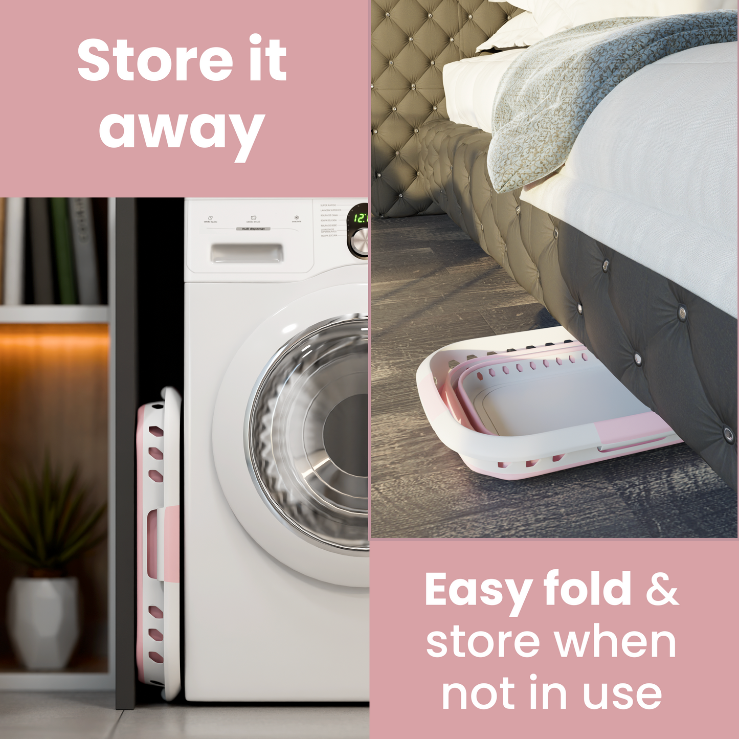 Knight Collapsible Laundry Basket 42L–Foldable Washing Basket with Handles, Large Space-Saving Basket for Clothes – Multipurpose Laundry Hamper & Collapsible Washing Baskets for Laundry (Pink)