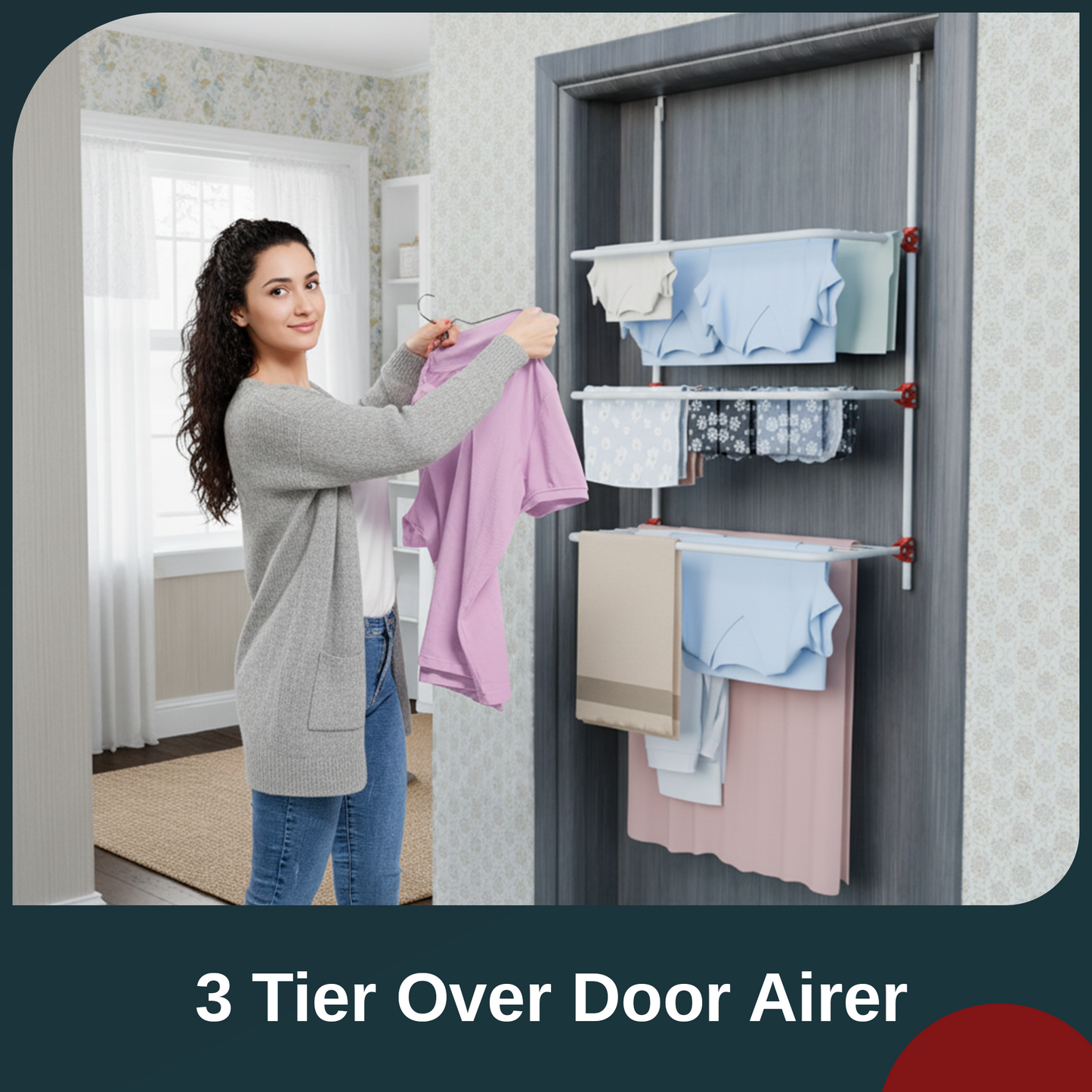 Knight 3-Tier Over The Door Clothes Airer | Foldable Clothes Rail with Corner Spaces for Hangers | Sturdy Hanging Washing Laundry Airer | Indoor Clothes Drying Rack for Small Spaces (White)