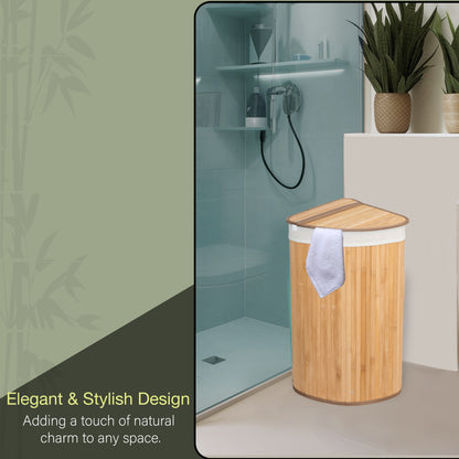 KNIGHT 57L Bamboo Corner Laundry Hamper - Swing Lid, Removable & Washable Lining, Easy to Assemble & Foldable Storage Bin,35x35x60