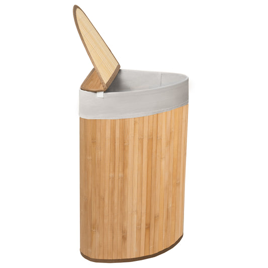 KNIGHT 57L Bamboo Corner Laundry Hamper - Swing Lid, Removable & Washable Lining, Easy to Assemble & Foldable Storage Bin,35x35x60