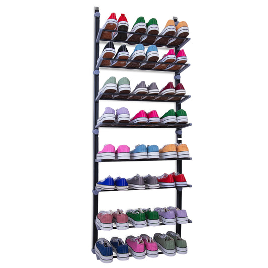Knight Over Door Shoe Storage Organiser | 8 Tier Hanging Shoe Rack Holder | Space-Saving Shelf Holder for Bedroom, Hallway | Holds 24 Pairs | Foldable Non-Slip Metal (8 Tier)